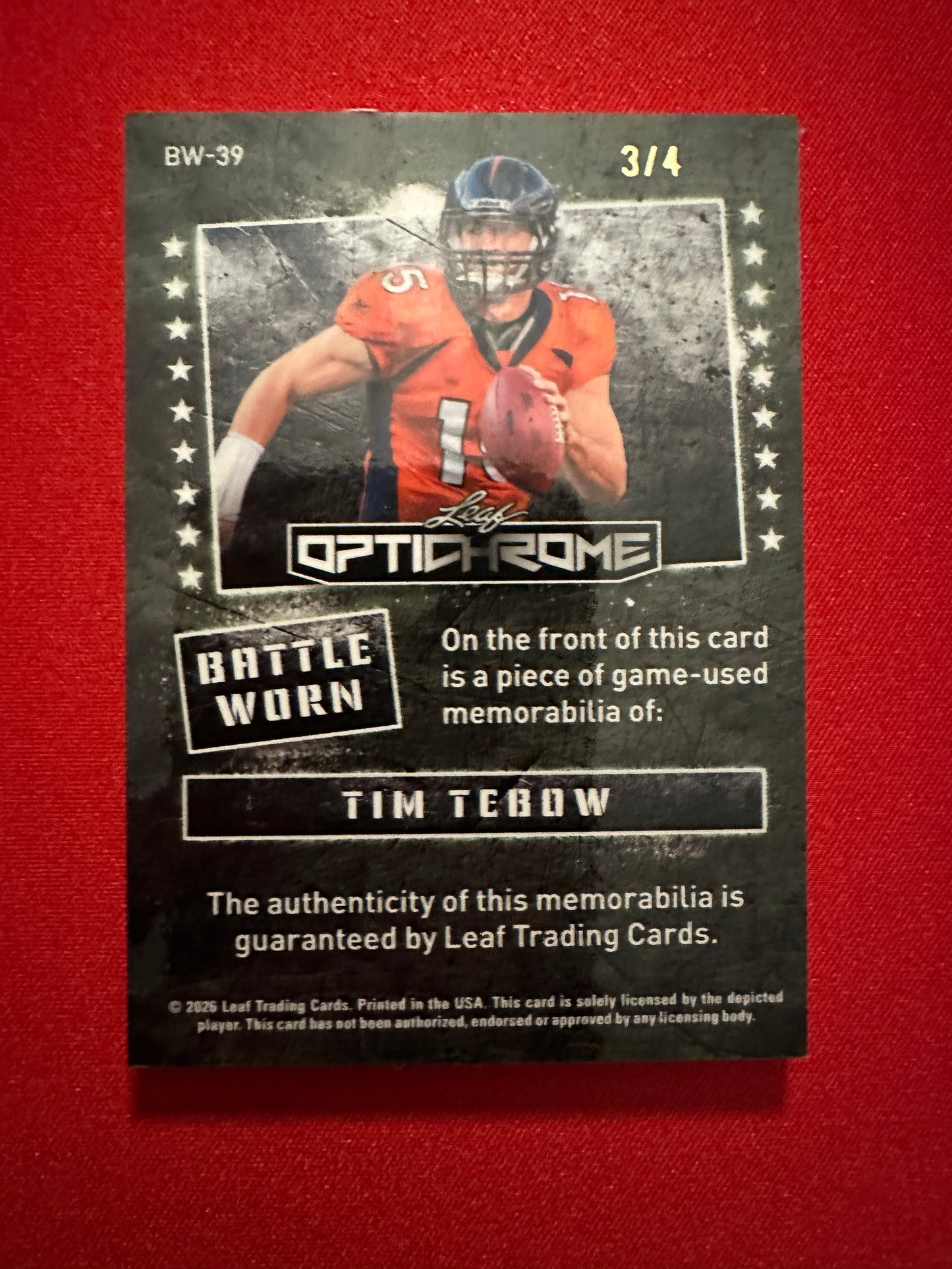 2026 Leaf Optichrome Football Tim Tebow Battle Worn Red Prismatic Patch /4