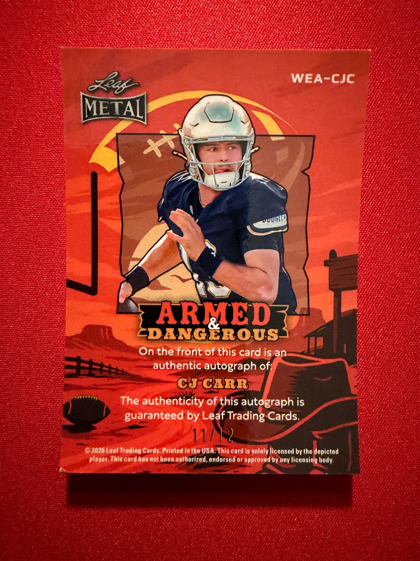 2026 Leaf Metal Football CJ Carr Armed & Dangerous Auto Silver Western
