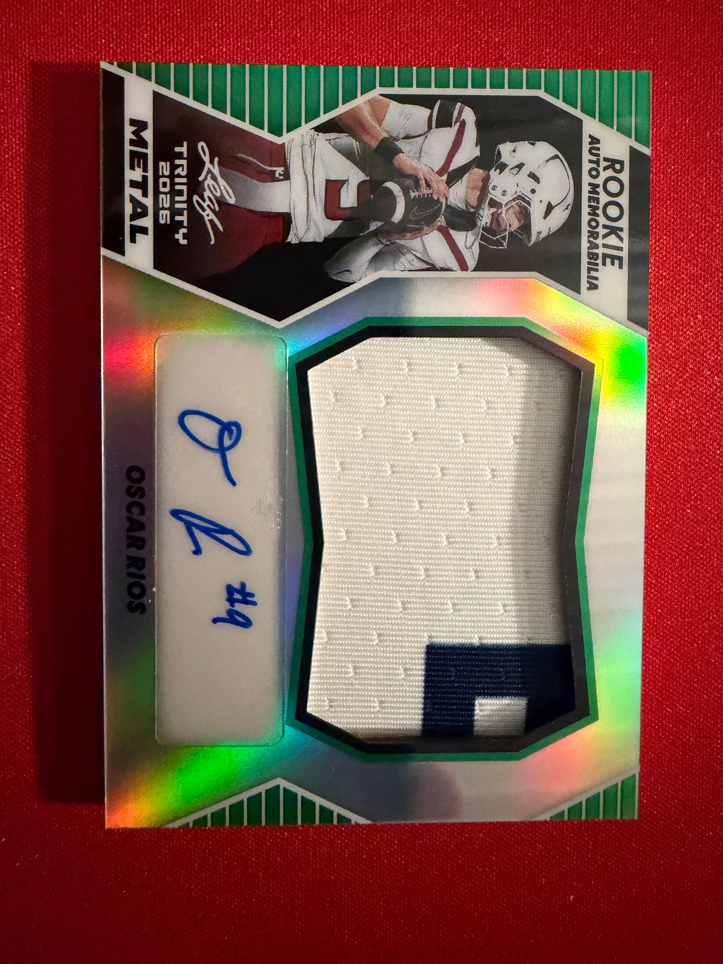 Oscar Rios 2026 Leaf Trinity Football Rookie Auto Memo Metal Multicolor Patch /5