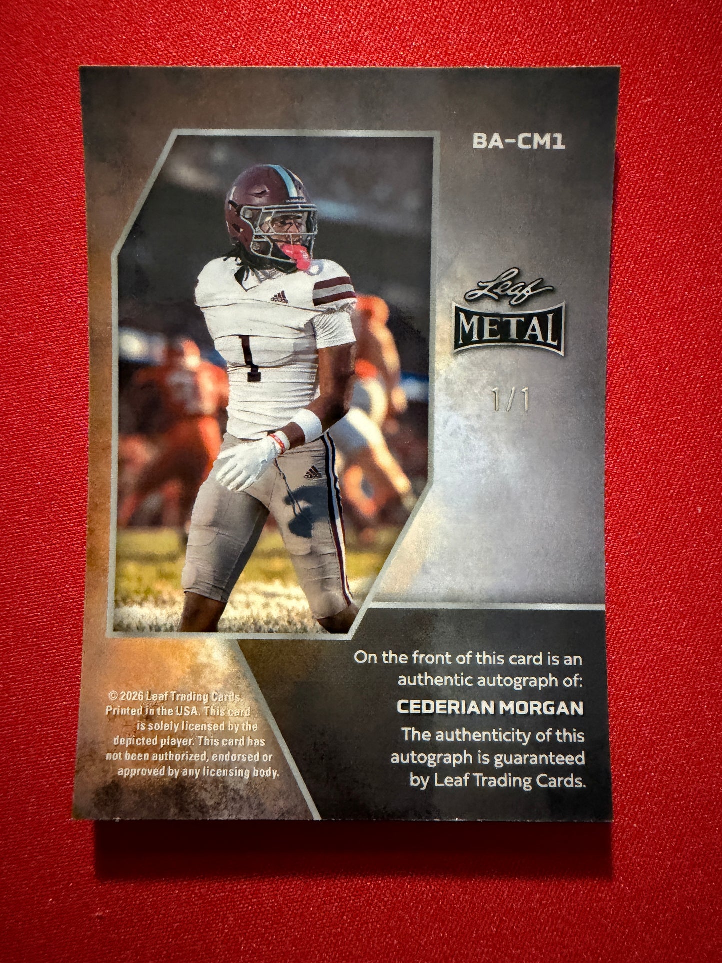2026 Leaf Metal Football Cederian Morgan Red Flood Super Prismatic Auto