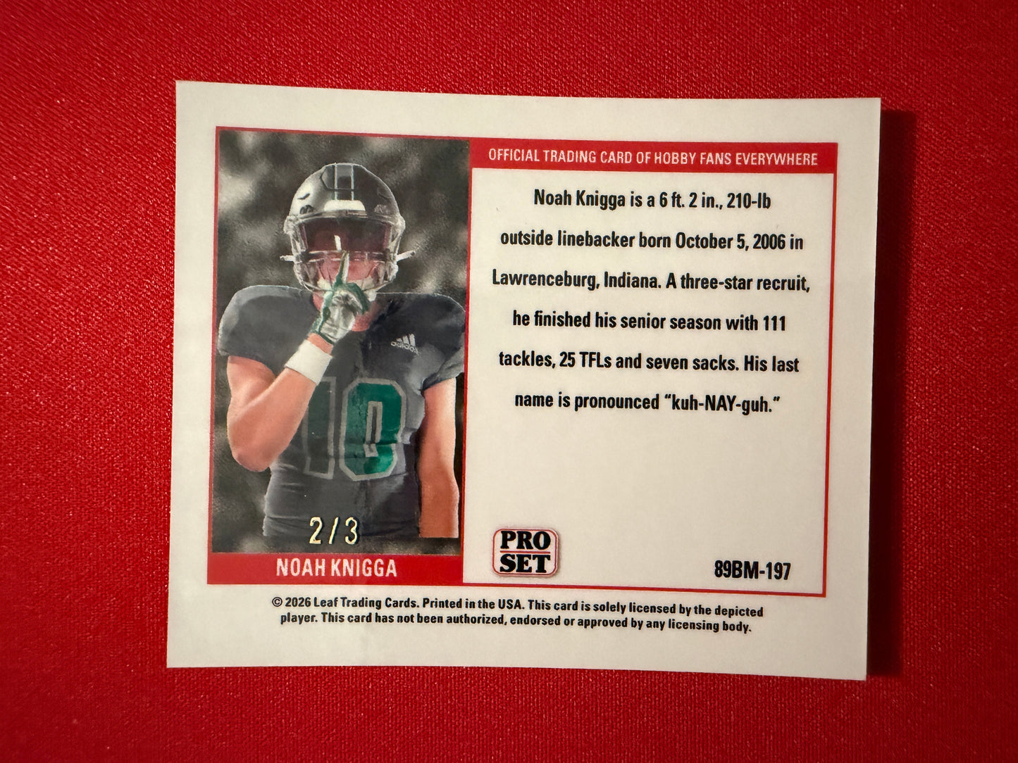 Noah Knigga 2026 Leaf Pro Set Metal Football 1989 Mini Blue /3