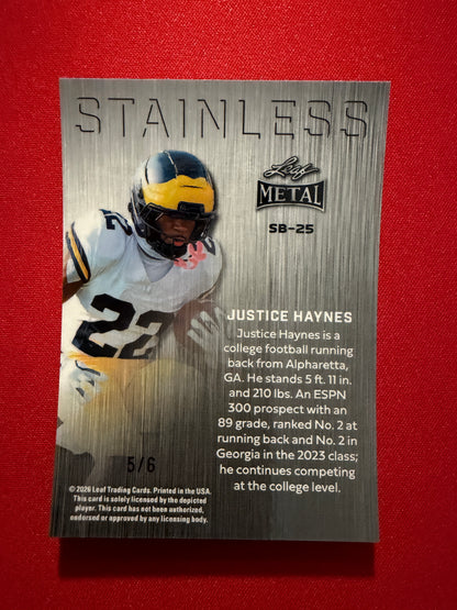 Justice Haynes 2026 Leaf Metal Football Stainless Pink Shimmer /6