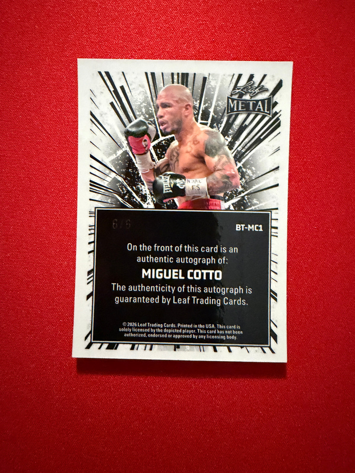 Miguel Cotto 2026 Leaf Metal Ring Kings Breaking Through Auto Blue 6/6 Bookend