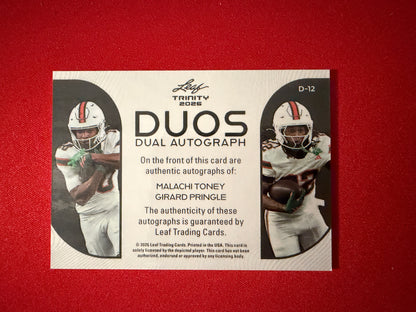 Malachi Toney Pringle 2026 Leaf Trinity Football Duos Auto Platinum /8