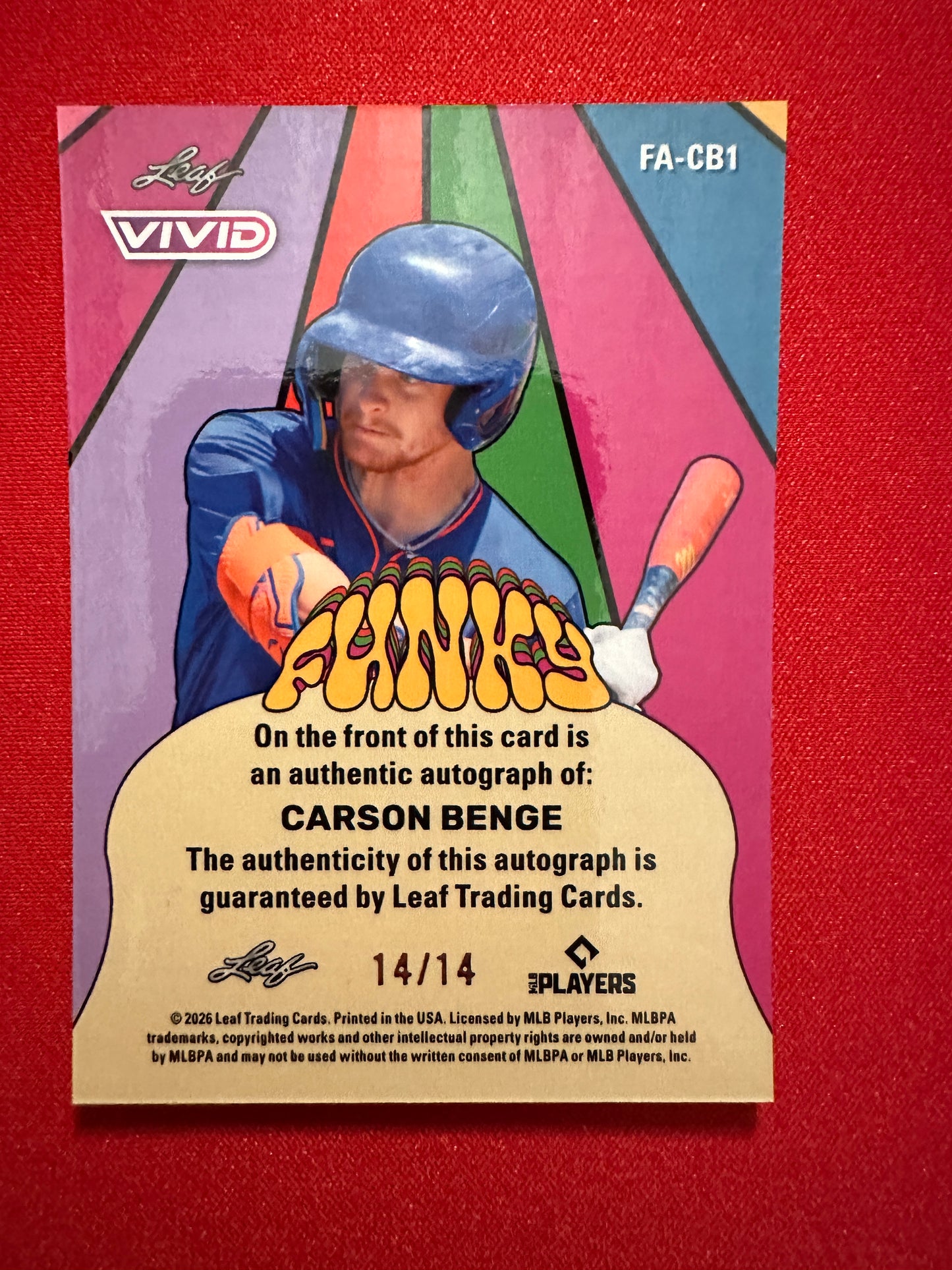 Carson Benge 2026 Leaf Vivid Funky Red Techno Auto 14/14 Bookend Mets Rookie