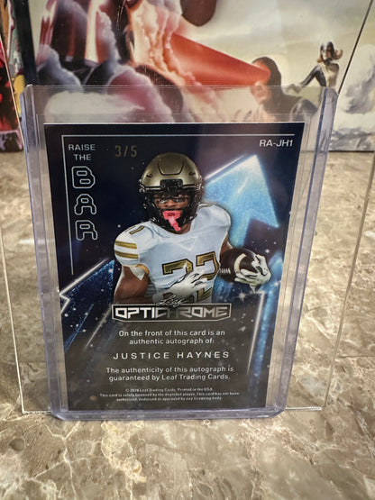 Justice Haynes 2026 Leaf Optichrome Football Raise the Bar Blue Prismatic Autograph /5