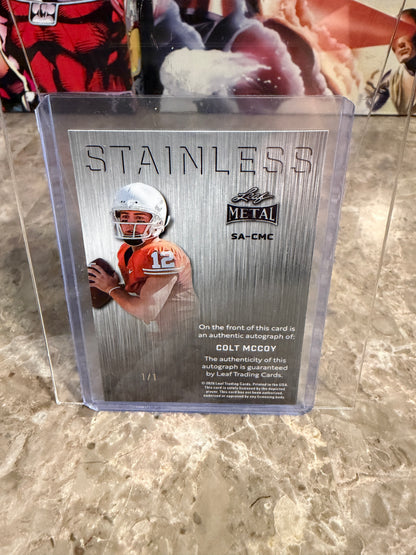 2026 Leaf Metal Football Colt McCoy Stainless Auto Red Flood Super Prismatic 1/1