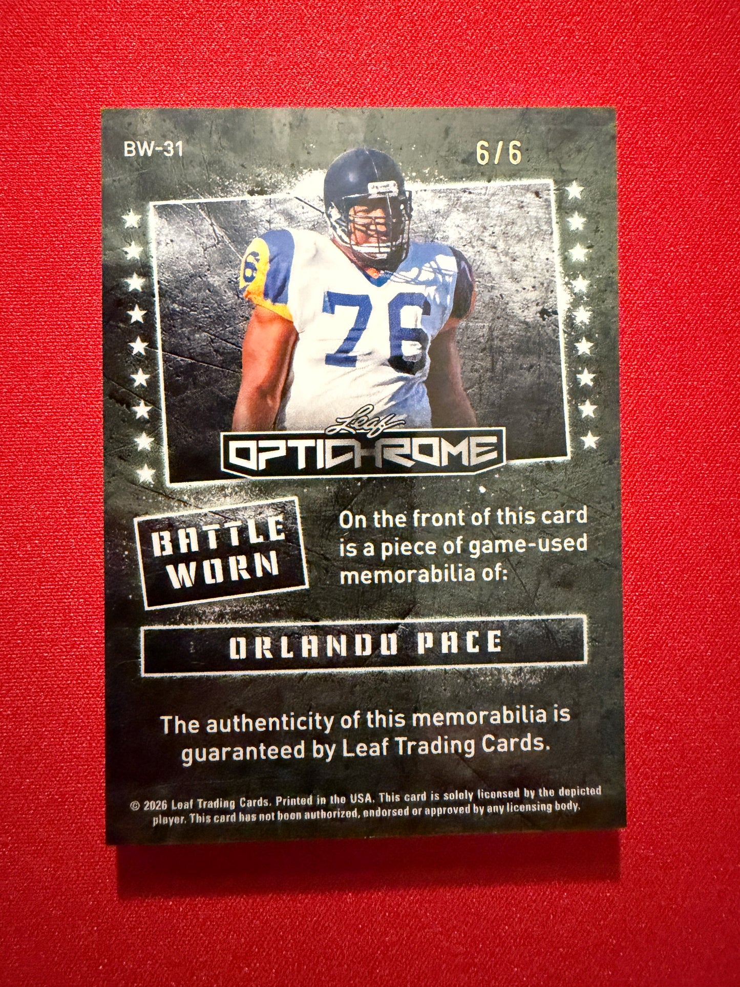 Orlando Pace 2026 Leaf Optichrome Battle Worn Game-Used Multicolor Patch /6