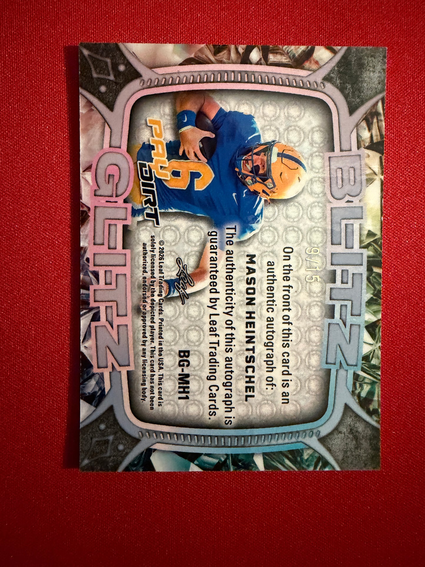 Mason Heintschel Leaf Paydirt Football Blitz Glitz Metal Auto SSP /15