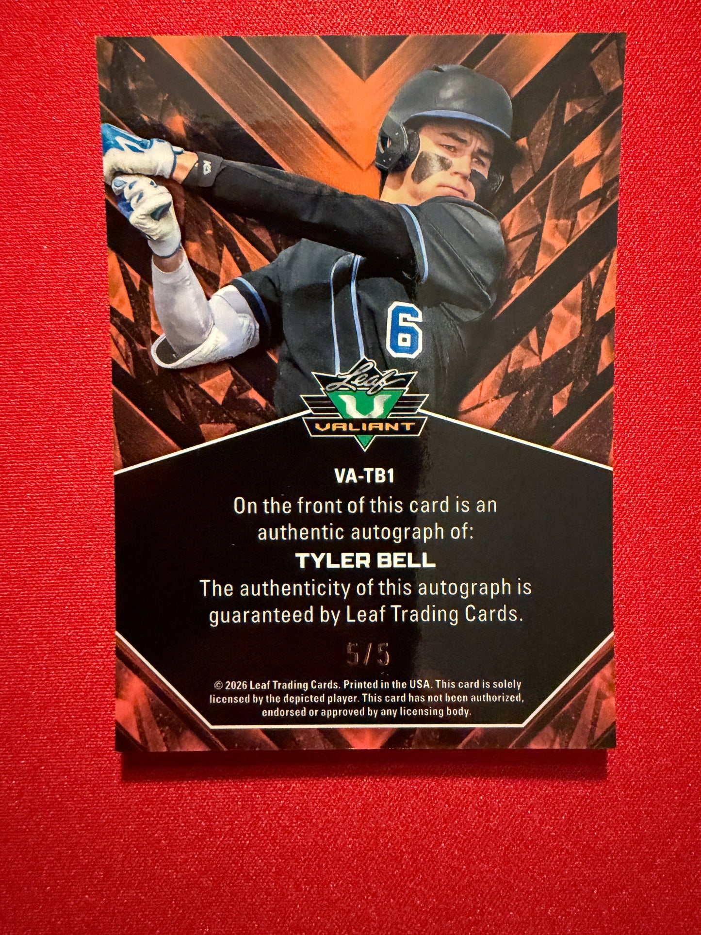 Tyler Bell 2026 Leaf Metal Draft Edition Baseball Valiant Auto Green 5/5