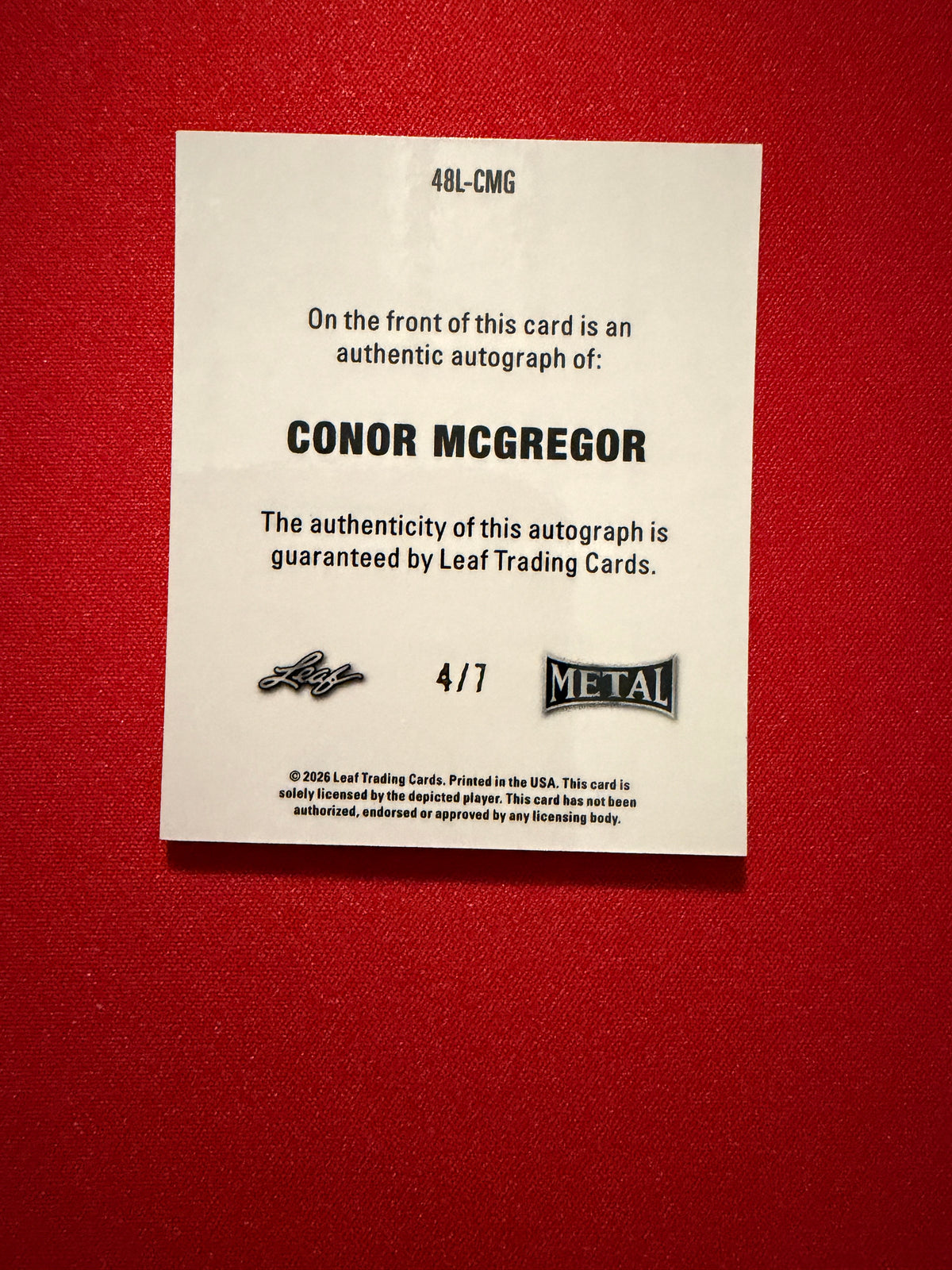Conor McGregor 2026 Leaf Metal Ring Kings 1948 Auto Purple /7