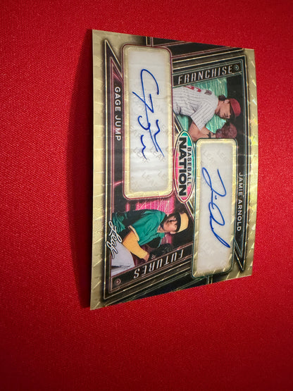 Jamie Arnold Gage Jump 2026 Leaf Baseball Nation Franchise Futures Dual Auto Gold Super Prismatic 1/1