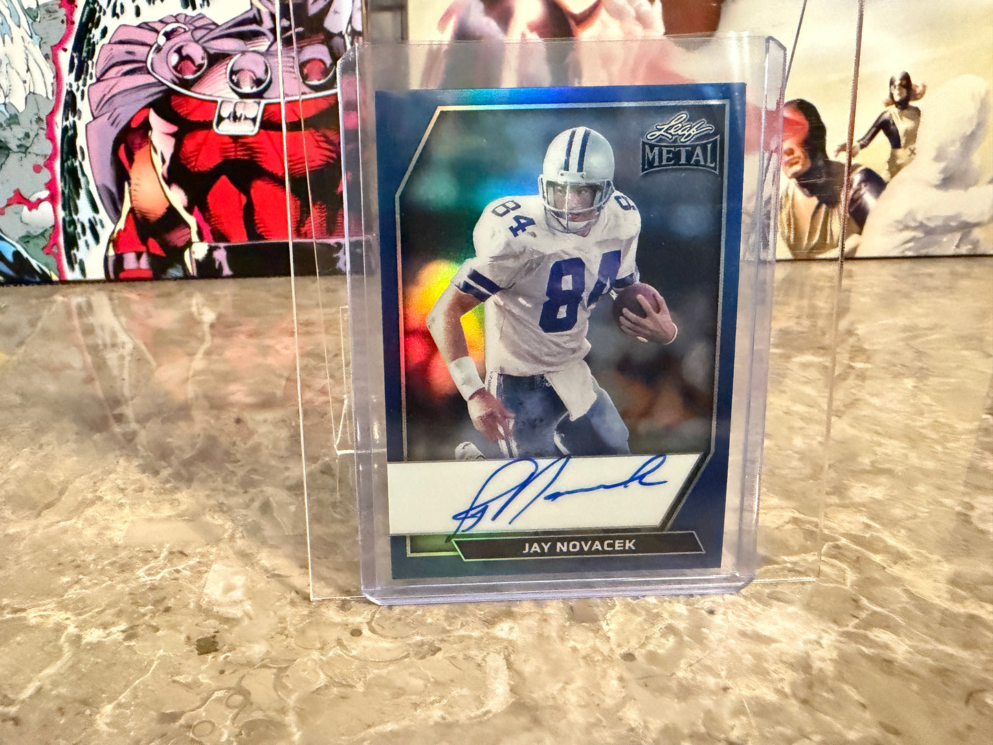 2026 Leaf Metal Football Jay Novacek On-Card Auto Blue Prismatic Color Match /6