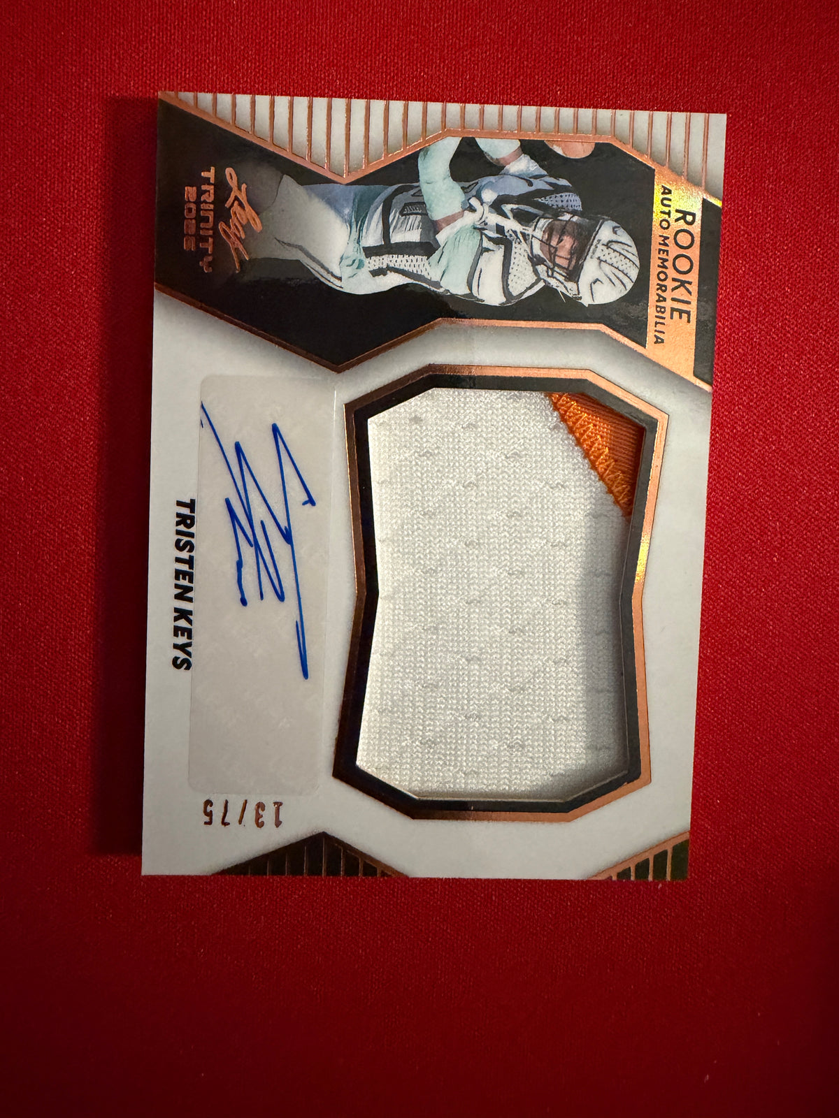 Tristen Keys 2026 Leaf Trinity Football Rookie Auto Mem Multicolor Patch /75