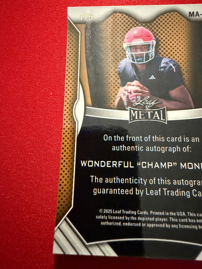 Wonderful “Champ” Monds 2026 Leaf Trinity Football Metal On-Card Blue 1/6 Bookend