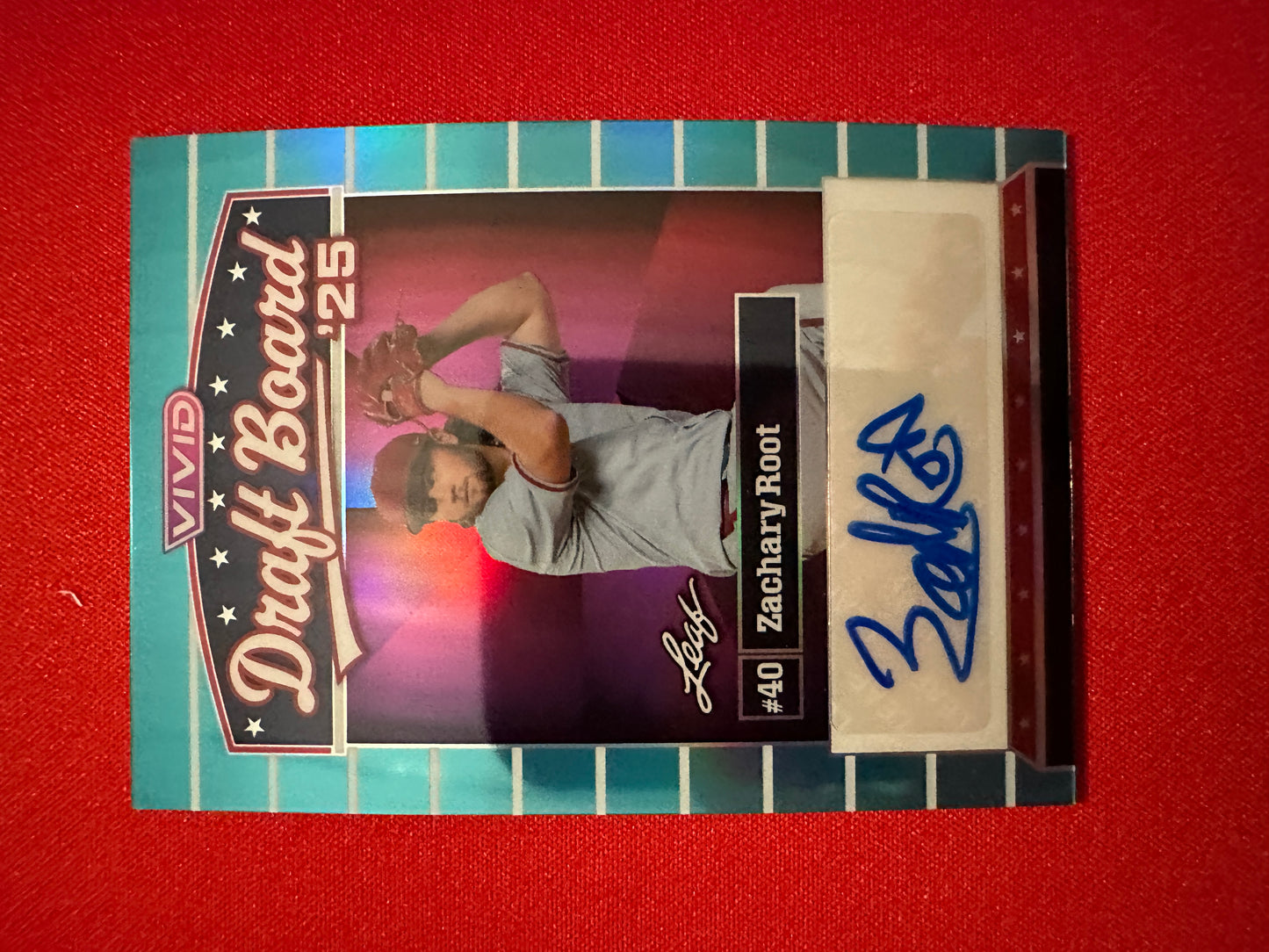 2026 Leaf Vivid Baseball Draft Board ‘25 Blue Prismatic Zachary Root Auto 19/25