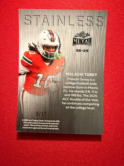 Malachi Toney 2026 Leaf Metal Football Silver Prismatic Stainless 9/12