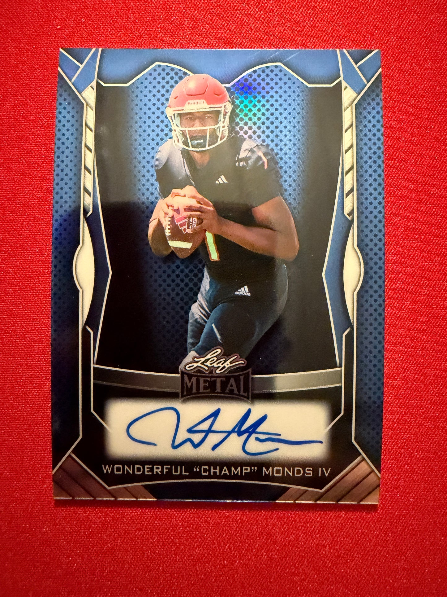 Wonderful “Champ” Monds 2026 Leaf Trinity Football Metal On-Card Blue 1/6 Bookend