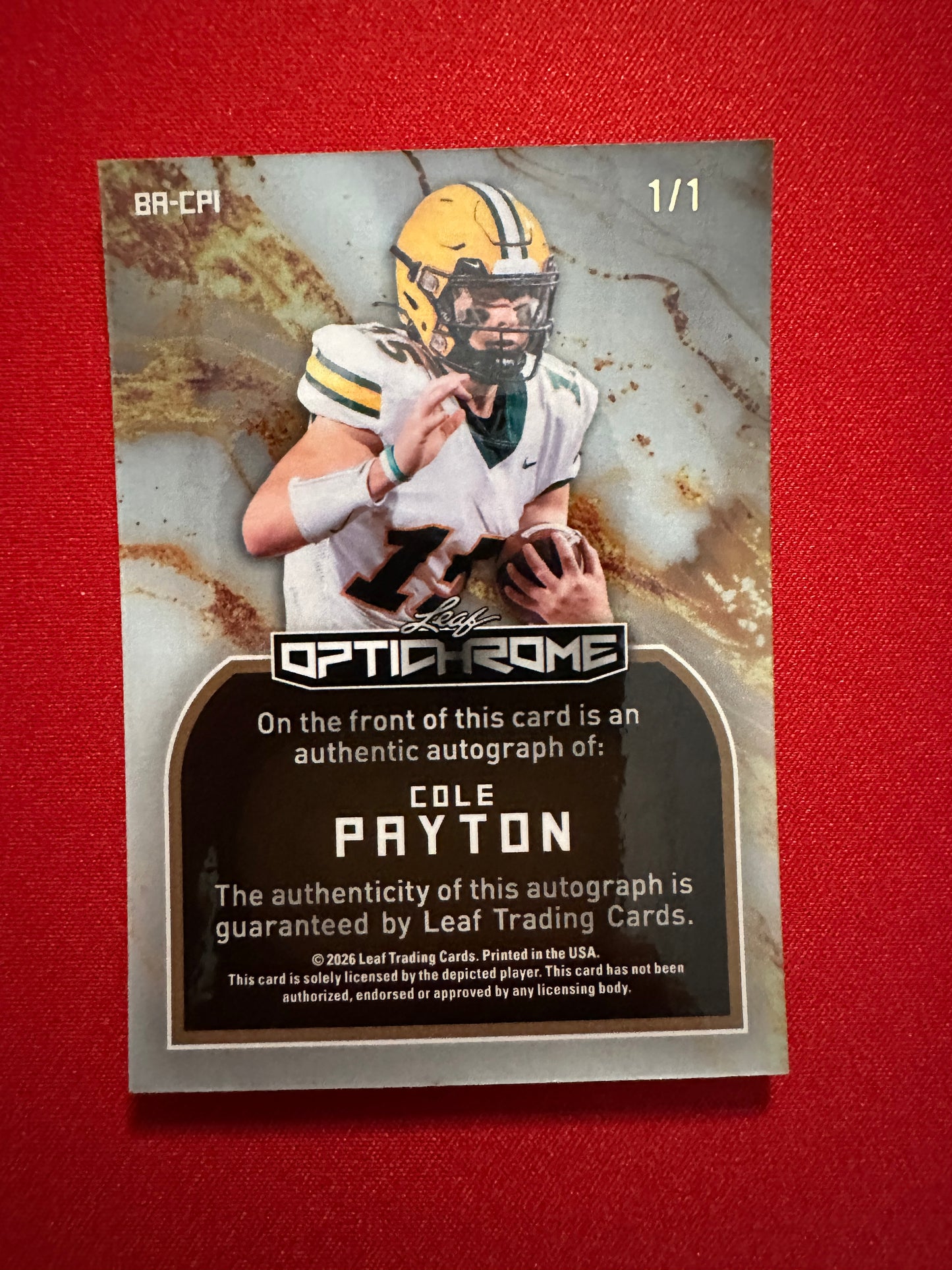 2026 Leaf Optichrome Cole Payton Music Gold Super Prismatic 1/1 Auto Eagles QB