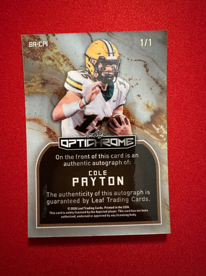 2026 Leaf Optichrome Cole Payton Music Gold Super Prismatic 1/1 Auto Eagles QB