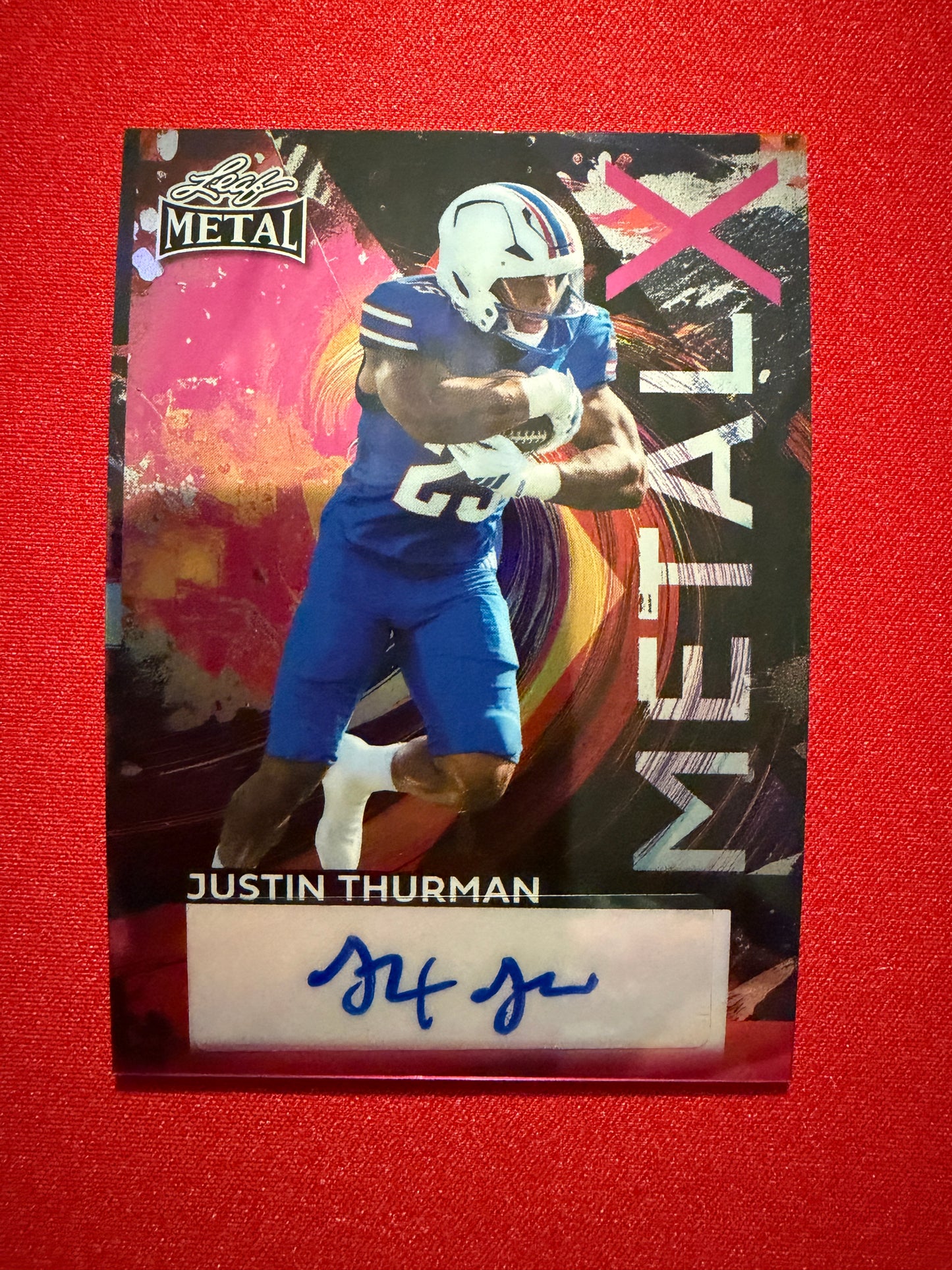 2026 Leaf Metal Football Justin Thurman Metal X Auto Pink Prismatic 1/1