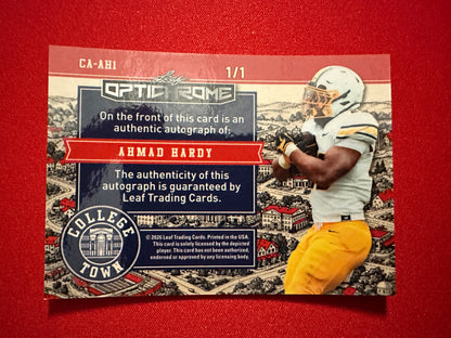 Ahmad Hardy 2026 Leaf Optichrome Football College Town Gold Prismatic 1/1 Autograph