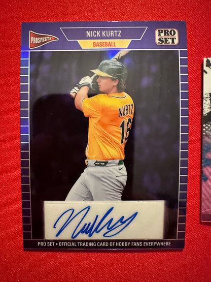Nick Kurtz 2026 Pro Set Two Card Lot 1989 Purple AUTO /8 Frenetic Blue /10