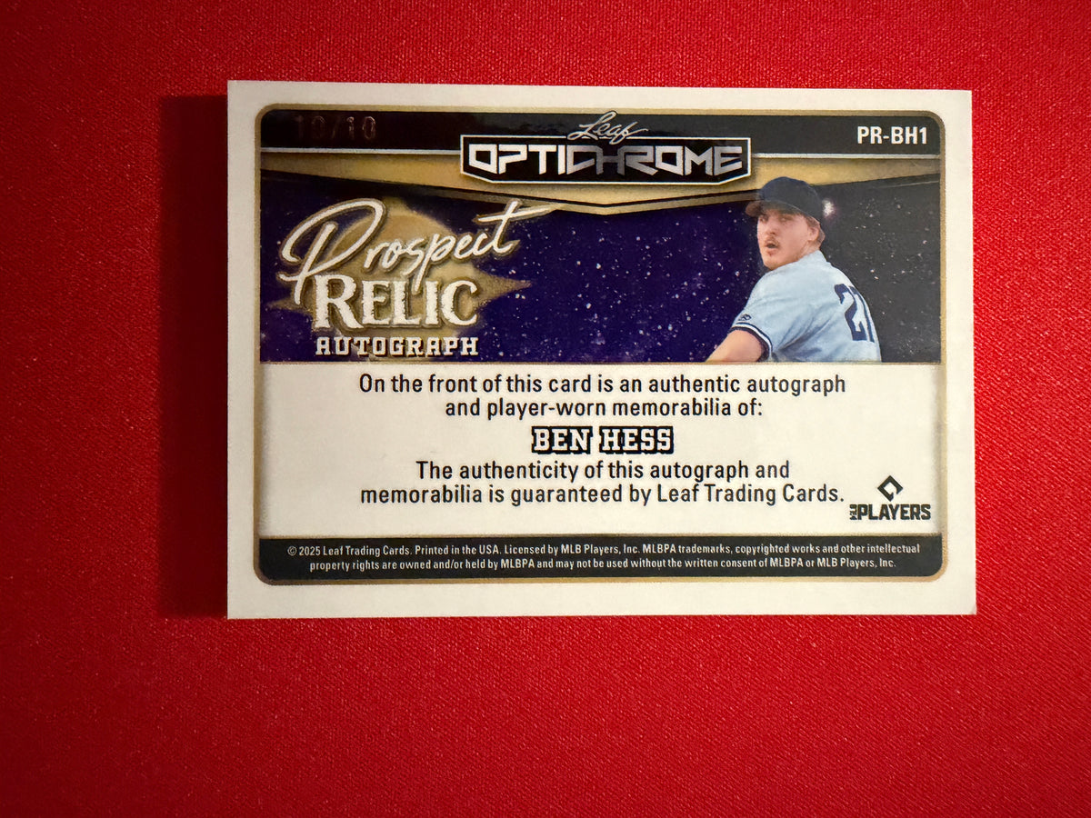 Ben Hess 2025 Leaf Optichrome Baseball Prospect Relic Auto 10/10 Bookend
