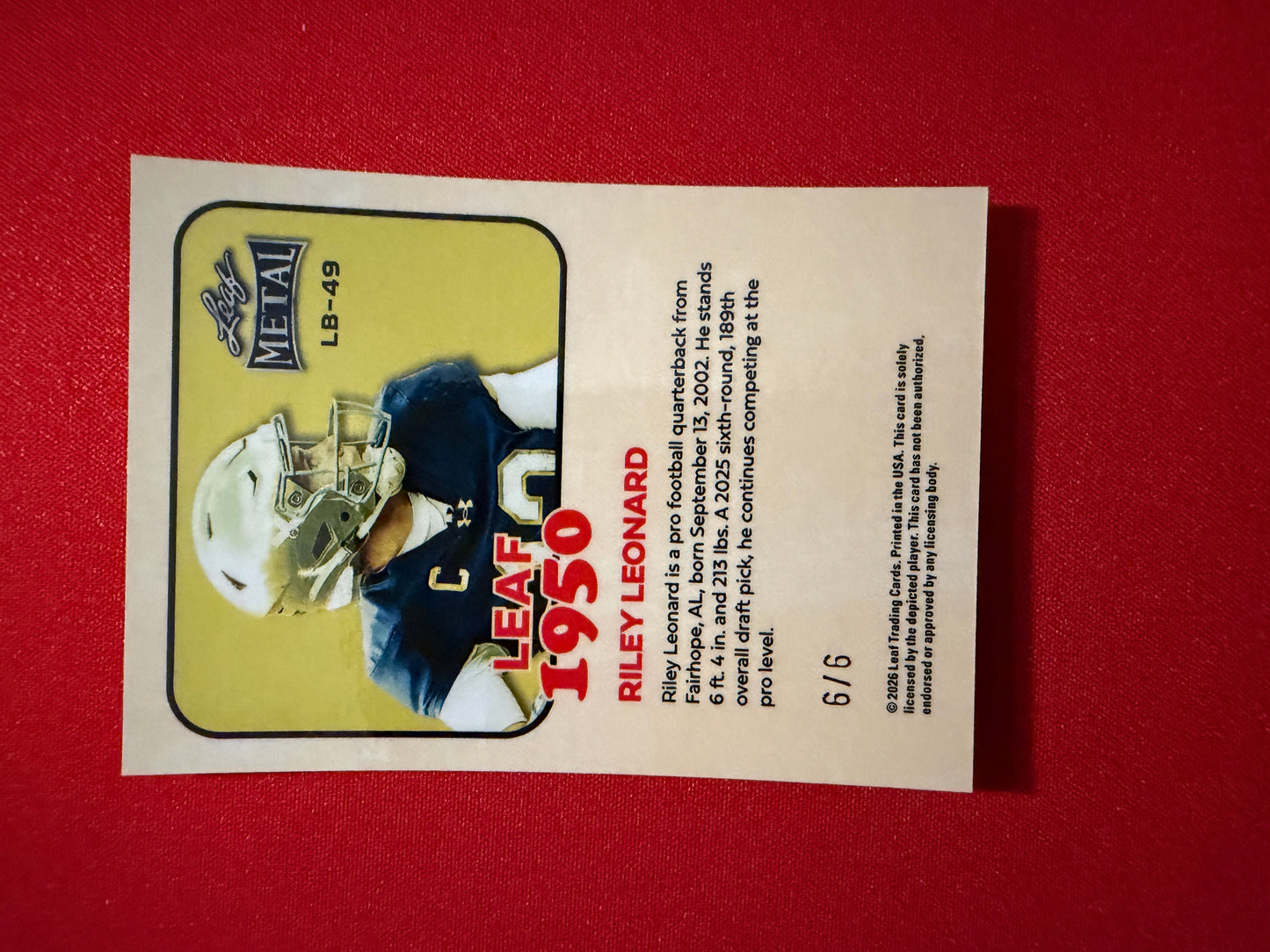 2026 Leaf Metal Football Riley Leonard 1950 Pink Shimmer 6/6 Bookend