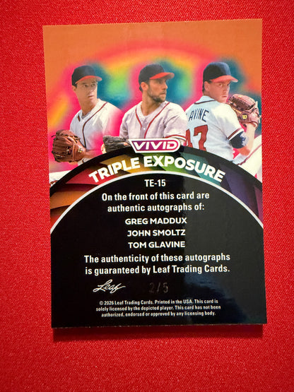 2026 Leaf Vivid Baseball Triple Exposure Auto Maddux Glavine Smoltz Red