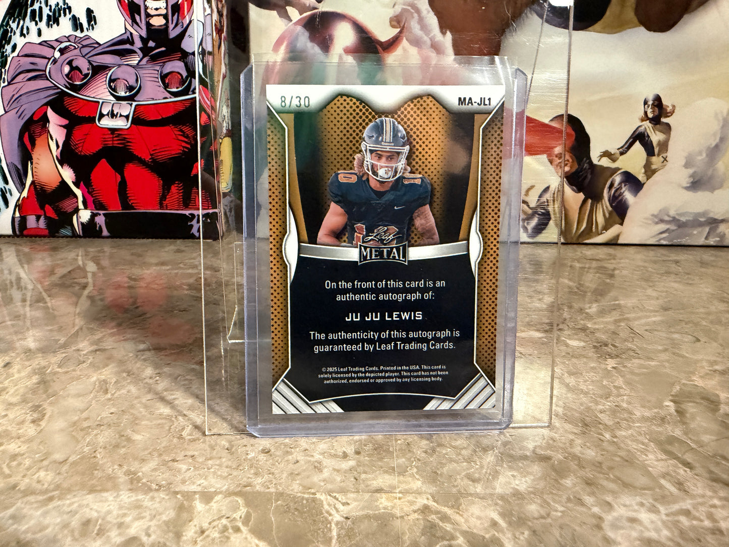 Juju Lewis 2026 Leaf Trinity Football Metal Auto Blue Crystal /30