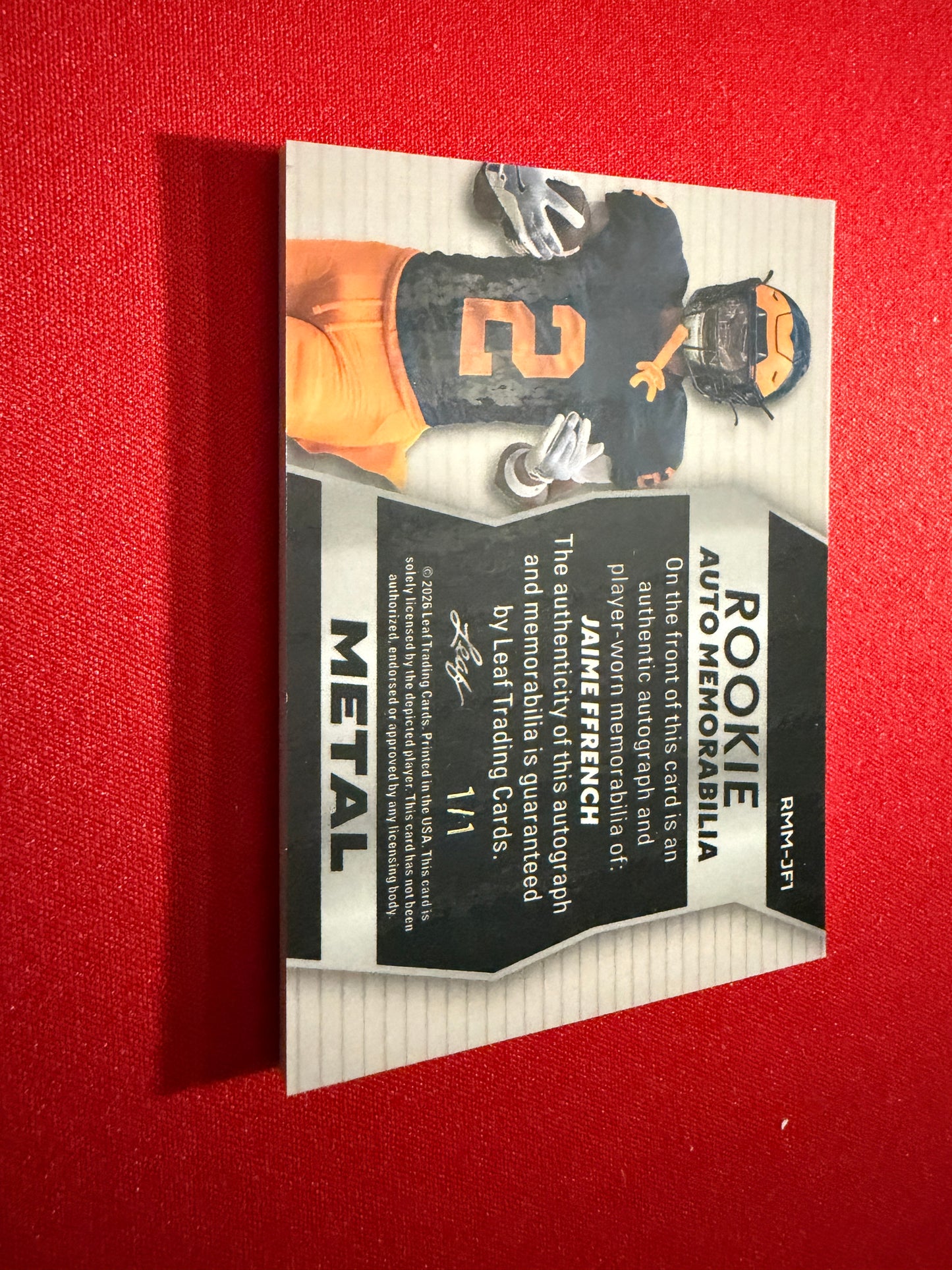 Jamie Ffrench 2026 Leaf Trinity Football Rookie Auto Mem Metal Gold True 1/1