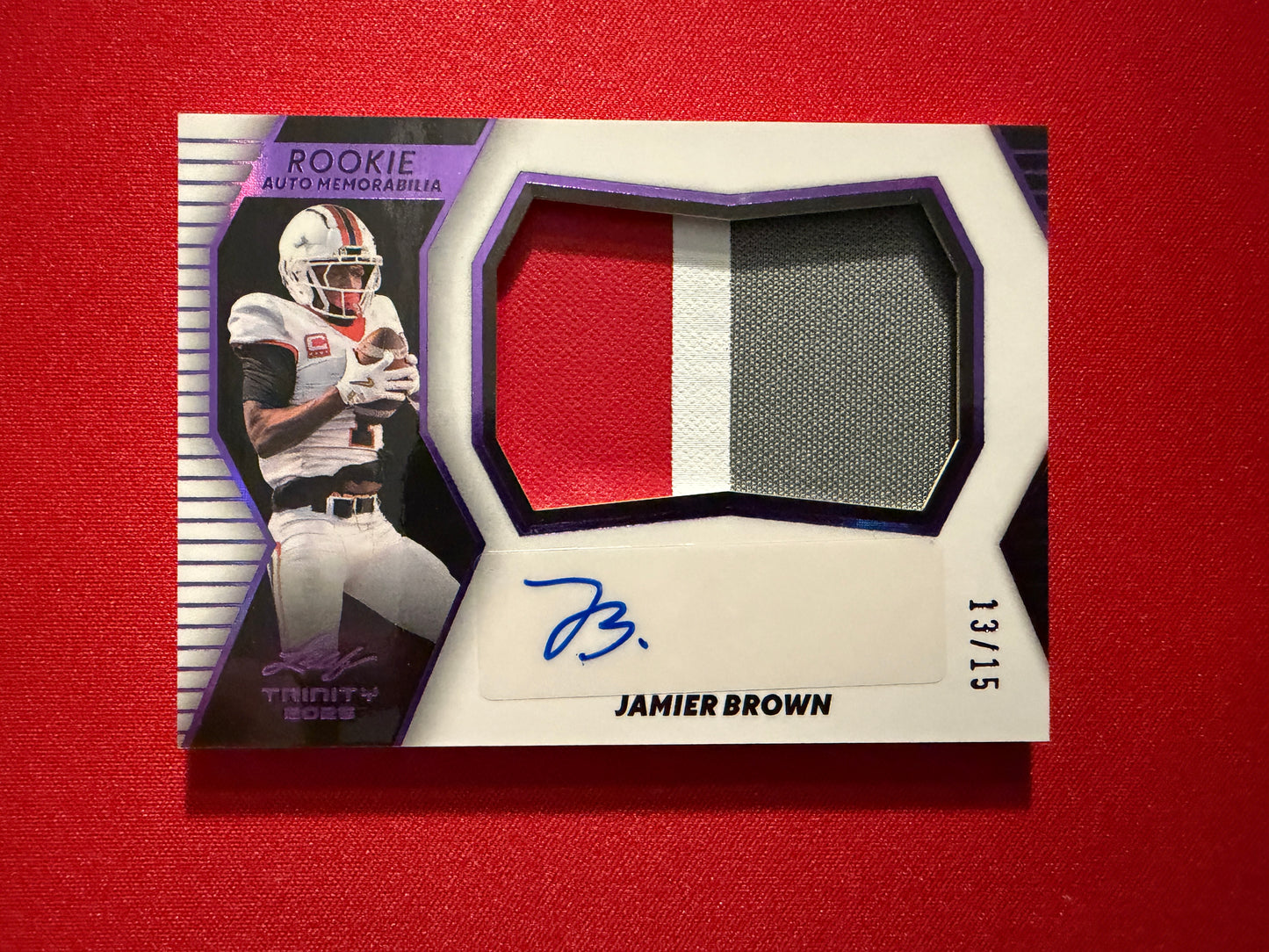 Jamier Brown 2026 Leaf Trinity Football Rookie Auto Memorabilia Patch Purple /15