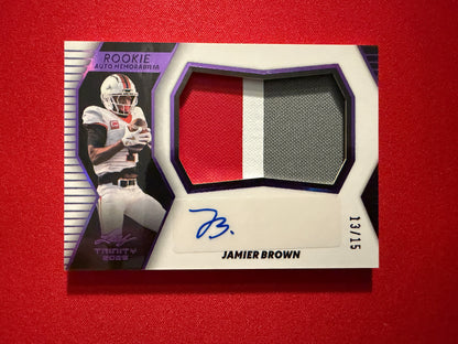 Jamier Brown 2026 Leaf Trinity Football Rookie Auto Memorabilia Patch Purple /15