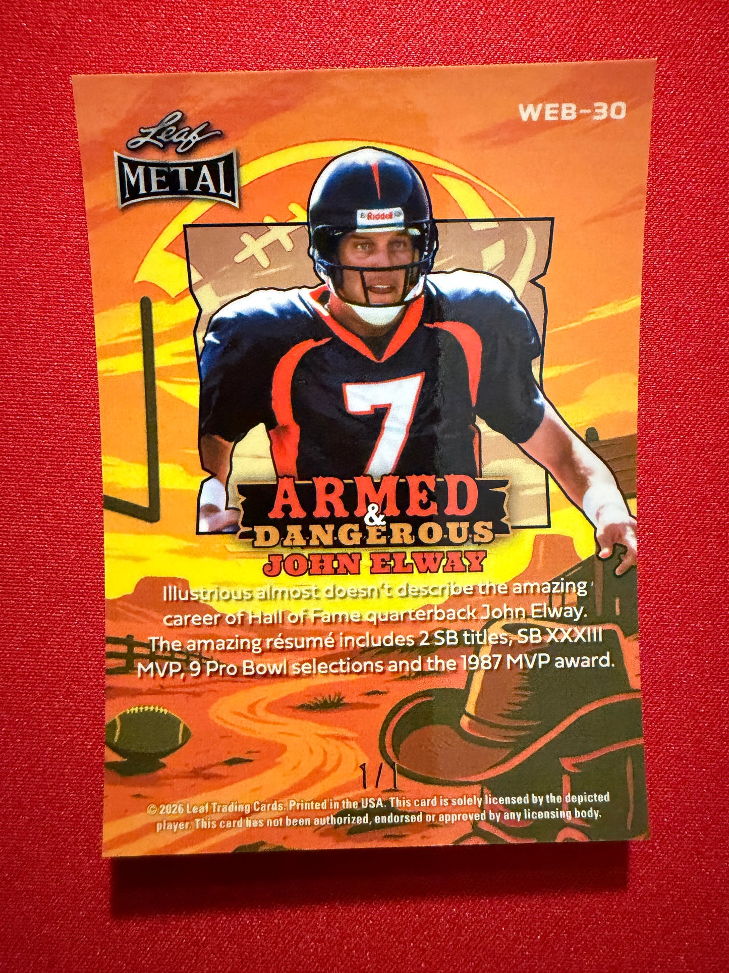 2026 Leaf Metal Football John Elway Armed and Dangerous Red Prismatic 1/1
