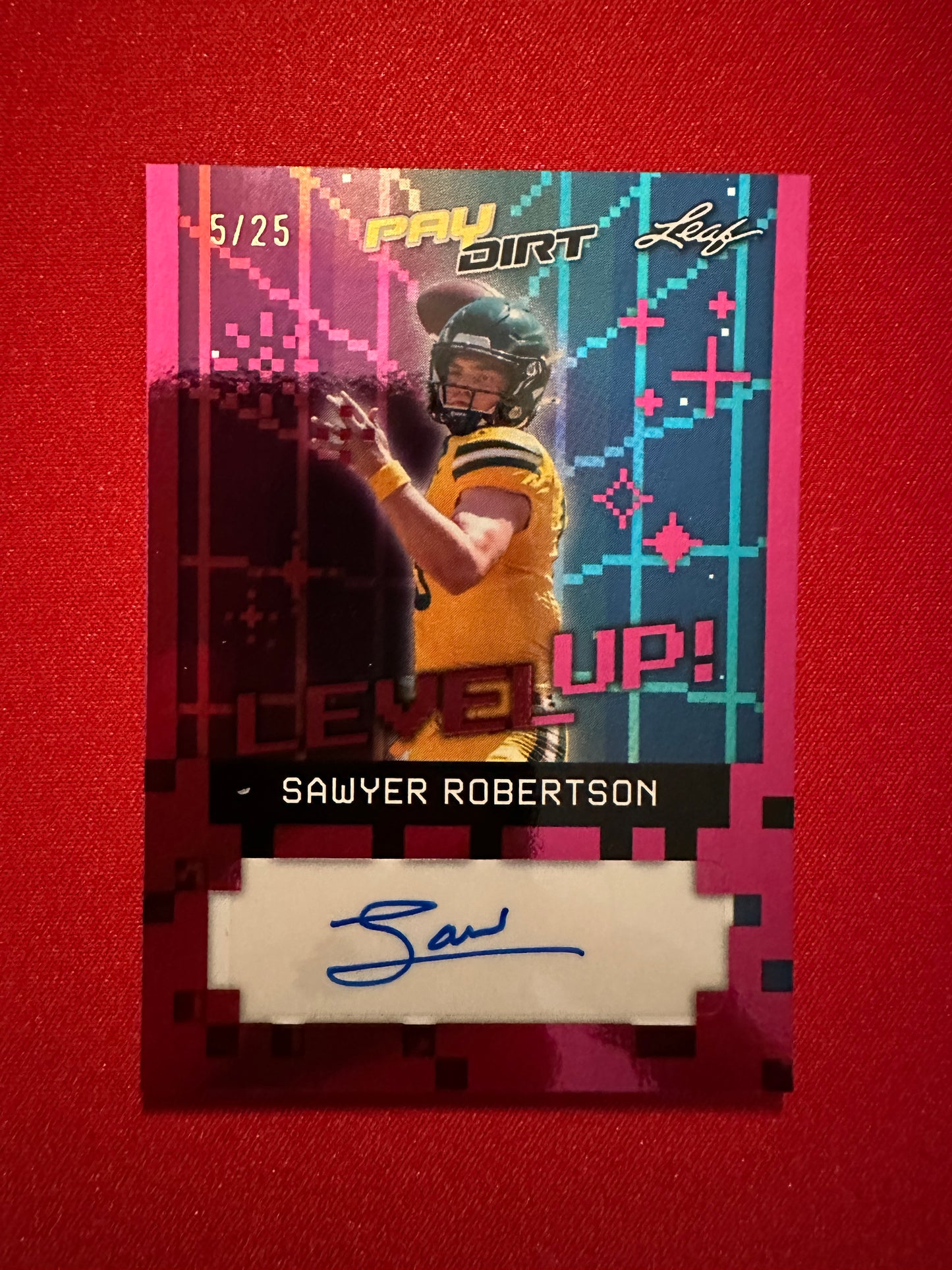 Sawyer Robertson 2026 Leaf Paydirt Football Level Up! Pink Parallel Sticker Autograph /25