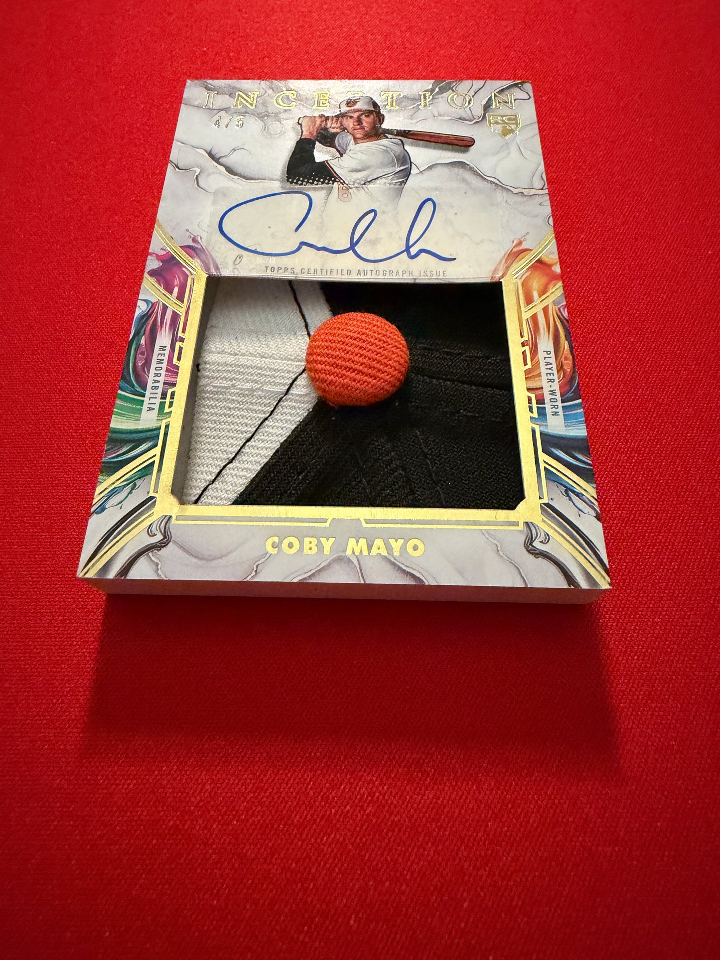 Coby Mayo 2025 Topps Inception Baseball Jumbo Auto Relic Hat Button /5 RC