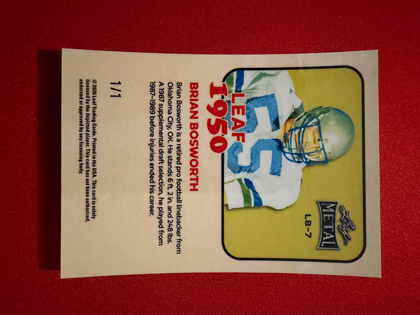 2026 Leaf Metal Football Brian Bosworth 1950 Red Prismatic 1/1
