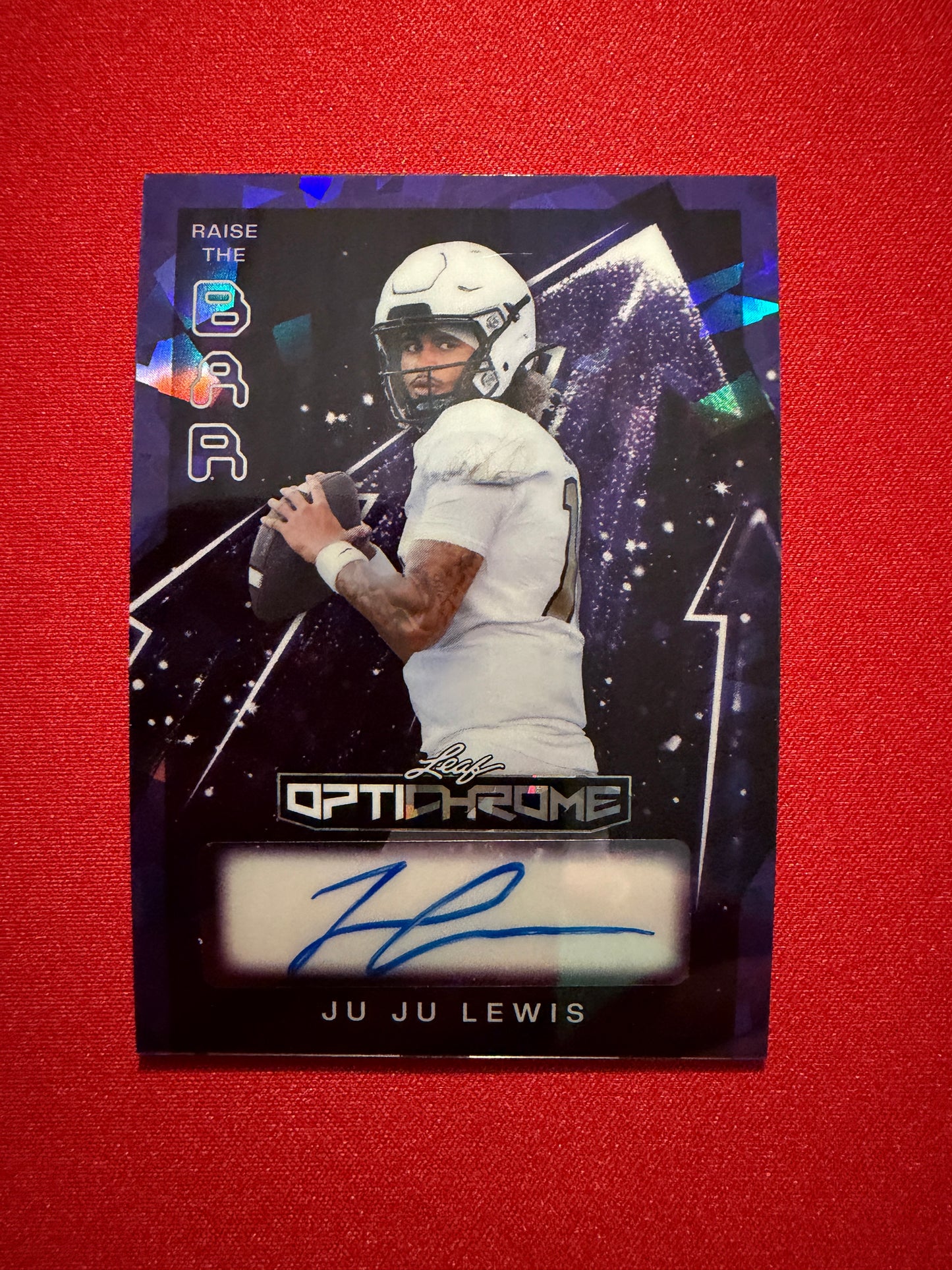 Juju Lewis 2026 Leaf Optichrome Football Auto Raise the Bar Purple Crystal 1/7