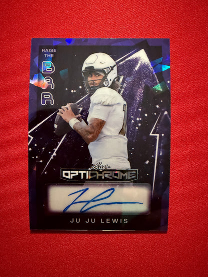 Juju Lewis 2026 Leaf Optichrome Football Auto Raise the Bar Purple Crystal 1/7