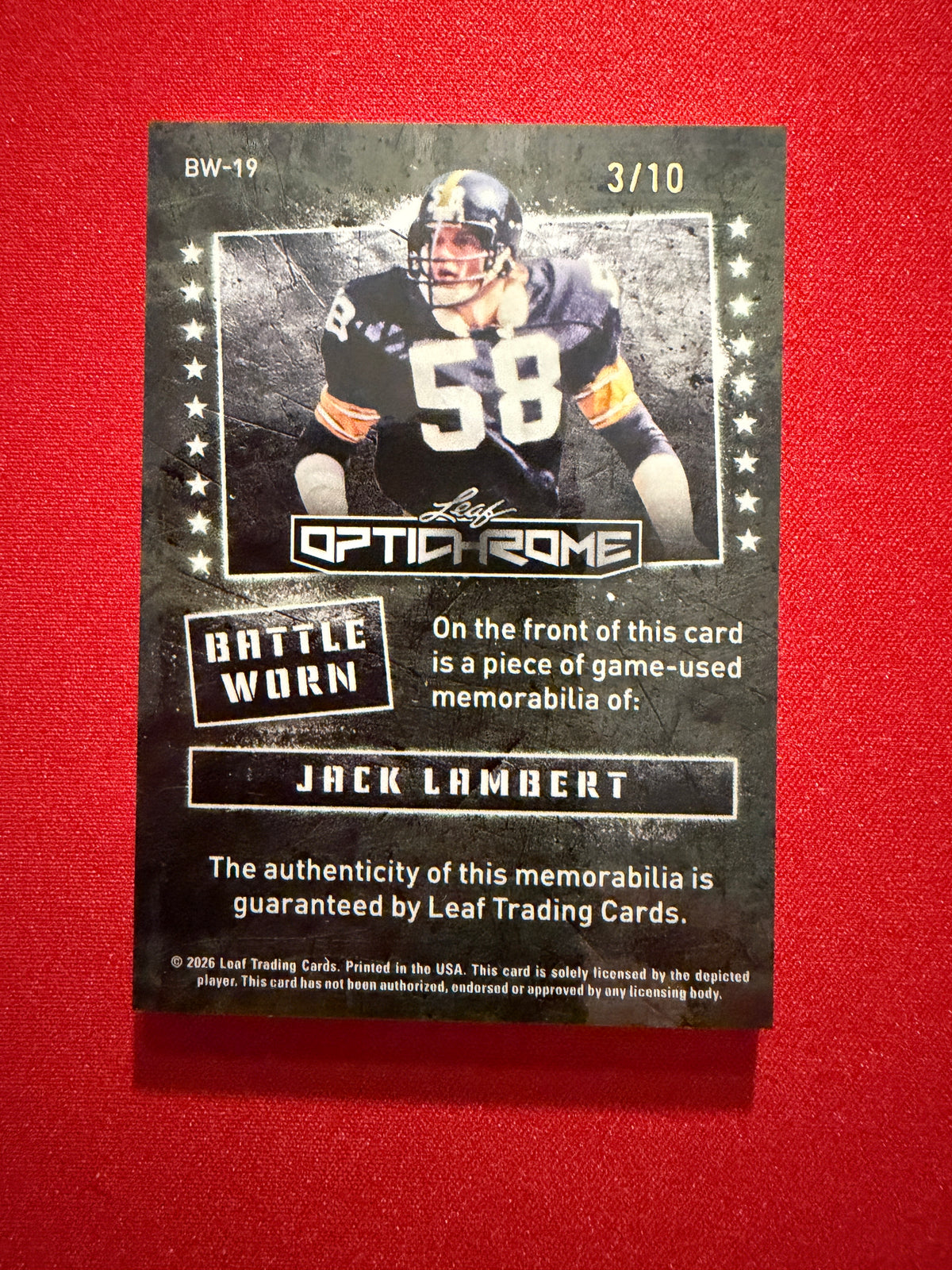 2026 Leaf Optichrome Football Battle Worn Jack Lambert Game-Used /10