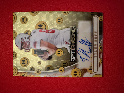 Tyler Huff 2026 Leaf Optichrome Football Smiley Have a Nice Day Gold Super Prismatic 1/1 Autograph
