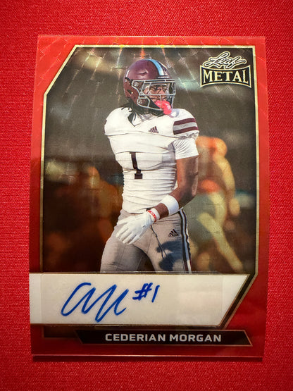 2026 Leaf Metal Football Cederian Morgan Red Flood Super Prismatic Auto