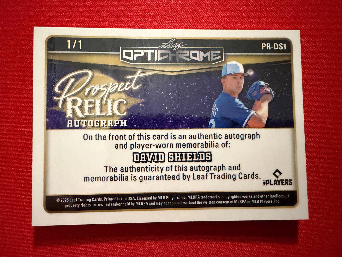 Dave Shields 2025 Leaf Optichrome Baseball Prospect Relic Auto Gold Lazer 1/1