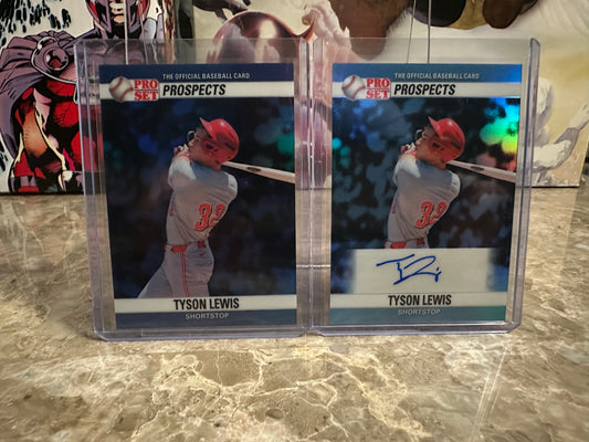 2026 Leaf Pro Set Baseball Tyson Lewis 1990 Prismatic Insert Lot - Blue /5 & Platinum Auto /10