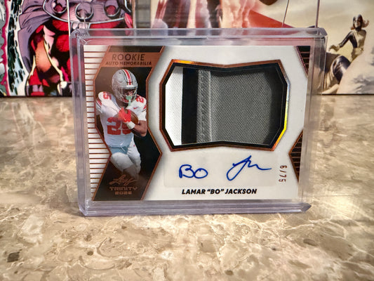 Lamar "Bo" Jackson 2026 Leaf Trinity Rookie Auto Memo Multicolor Patch /75