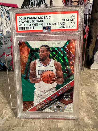 Kawhi Leonard #4 PSA 10 Gem Mint (2019 Panini Mosaic) - Will to Win Green Mosaic