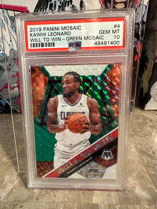 Kawhi Leonard #4 PSA 10 Gem Mint (2019 Panini Mosaic) - Will to Win Green Mosaic