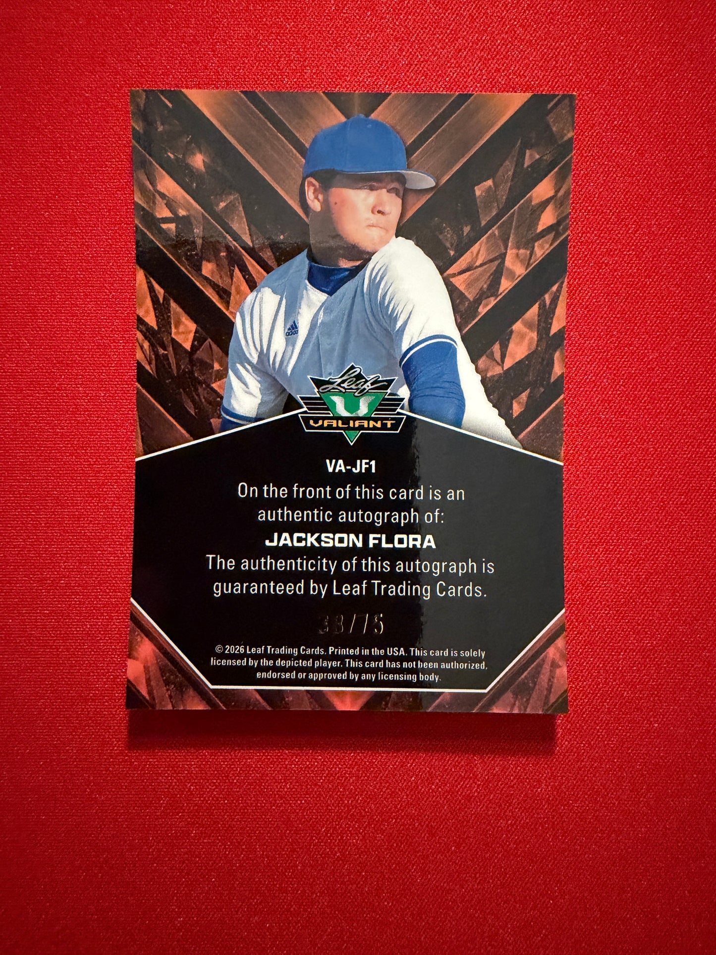 Jackson Flora 2026 Leaf Draft Edition Baseball Valiant Auto Platinum /75