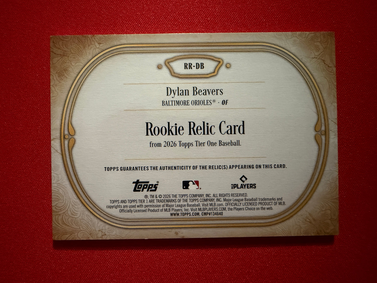 Dylan Beavers 2026 Topps Tier One Baseball Rookie Relic RC /199 Game-Used
